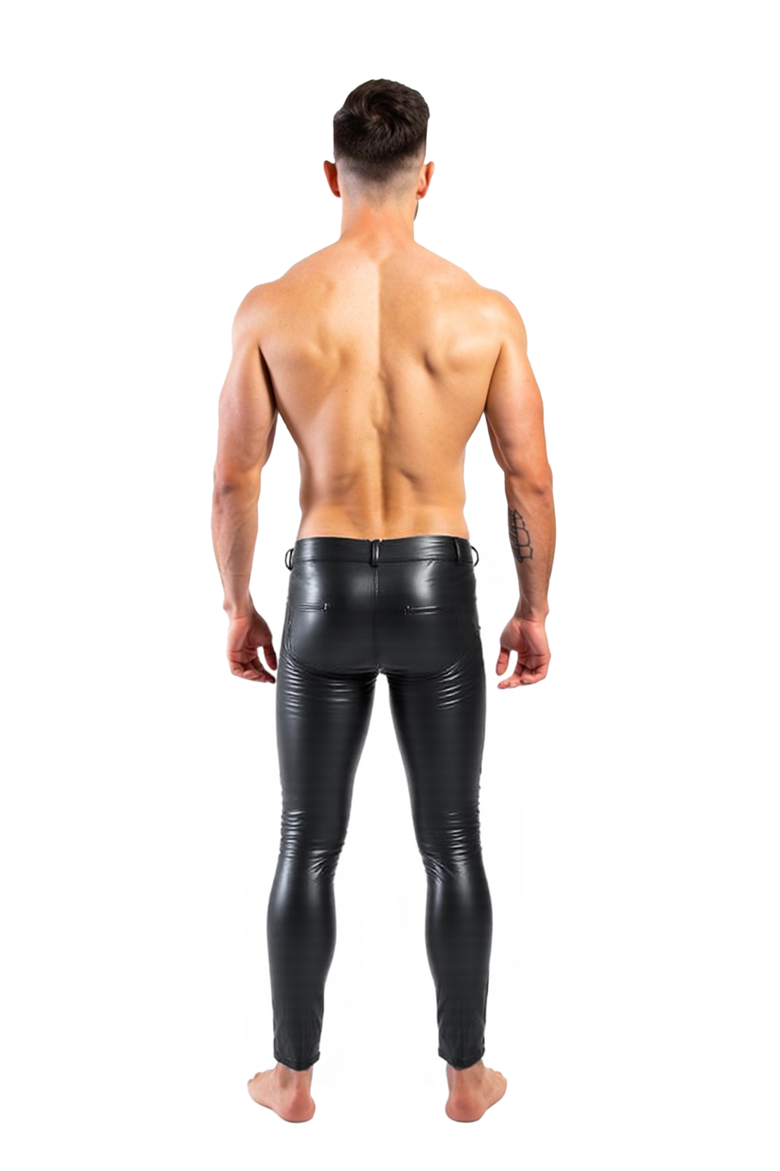 Black Shiny Faux Leather Open-Crotch Pants with Strap Detail