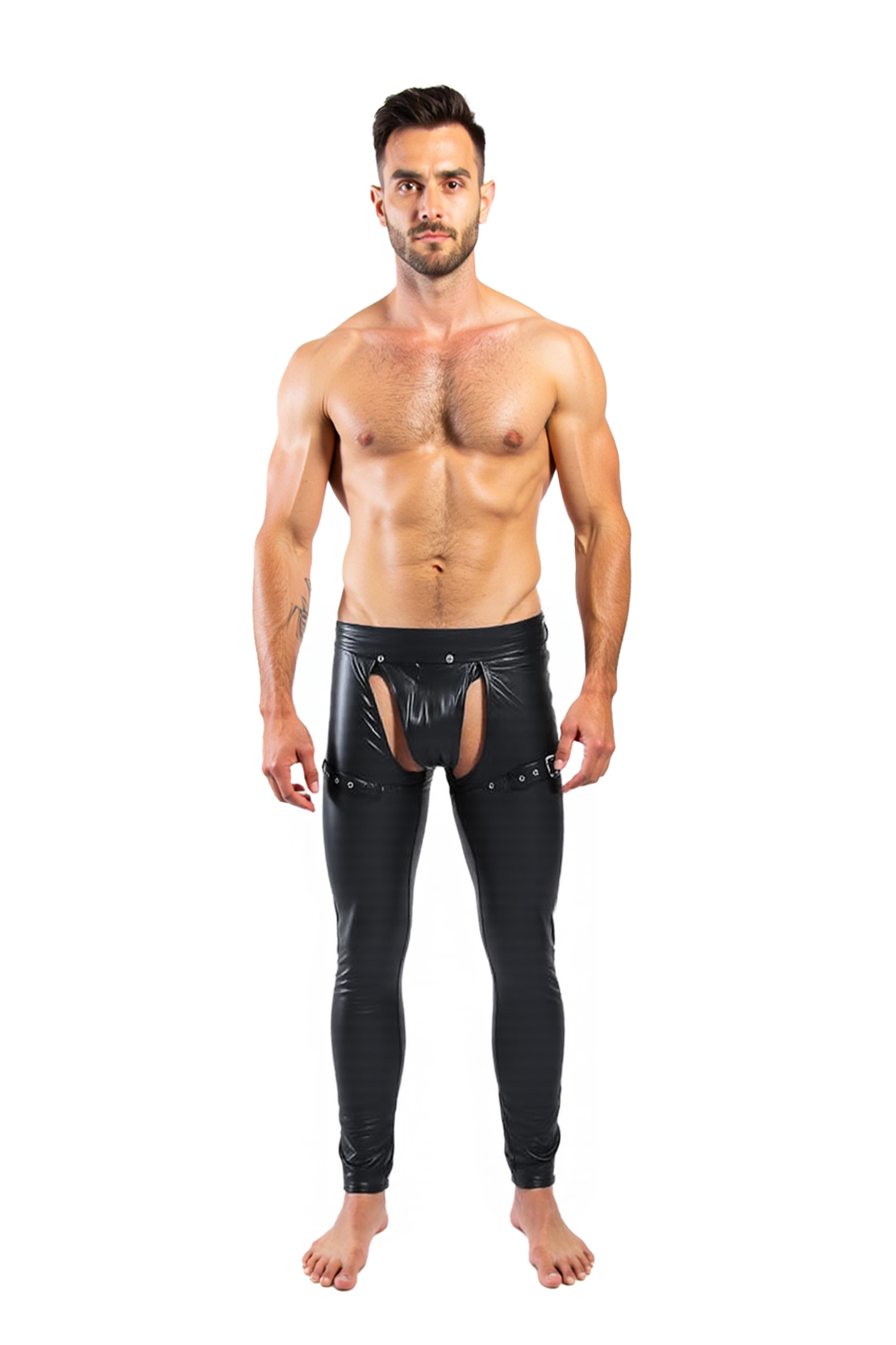 Black Shiny Faux Leather Open-Crotch Pants with Strap Detail
