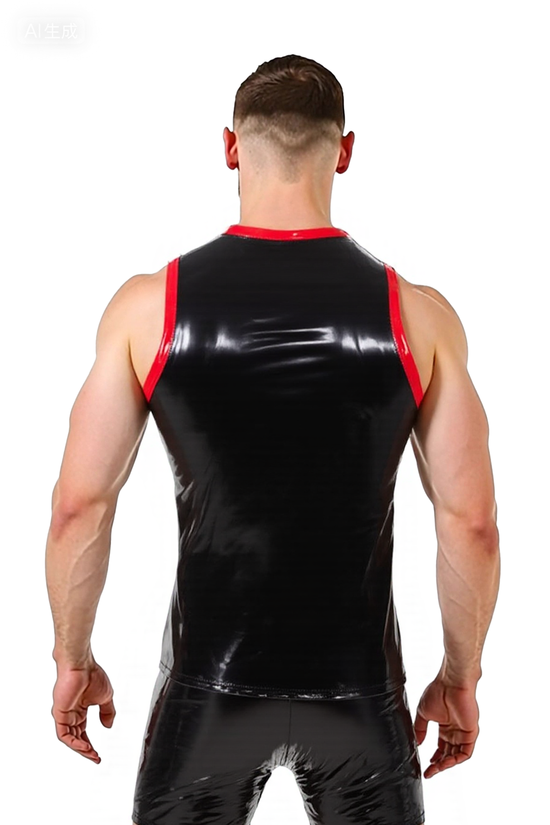 Joylgbt's Black Shiny Faux Leather two-Piece Set – Sleeveless Top & Shorts with Red Trim