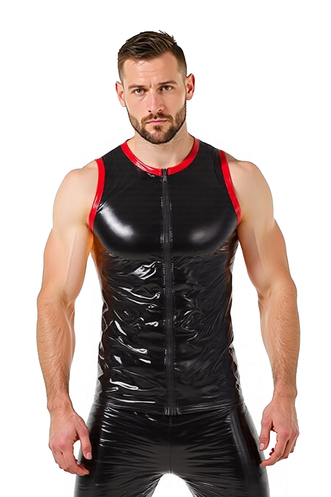 Joylgbt's Black Shiny Faux Leather two-Piece Set – Sleeveless Top & Shorts with Red Trim