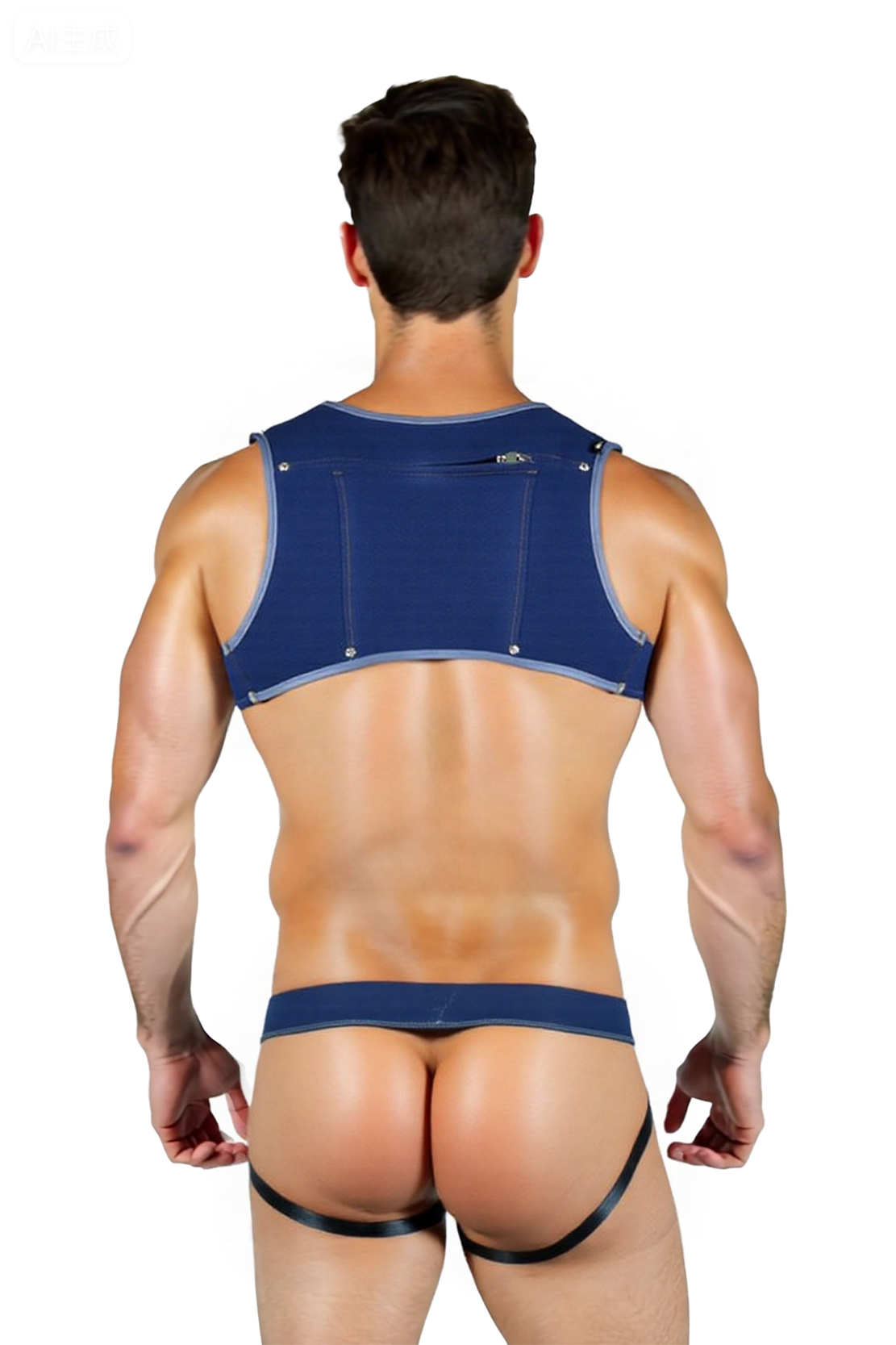 Joylgbt's Men’s Leather Harness Thong Set – Open Back Blue Jockstrap with Shoulder Straps for Gay Fetish Partywear