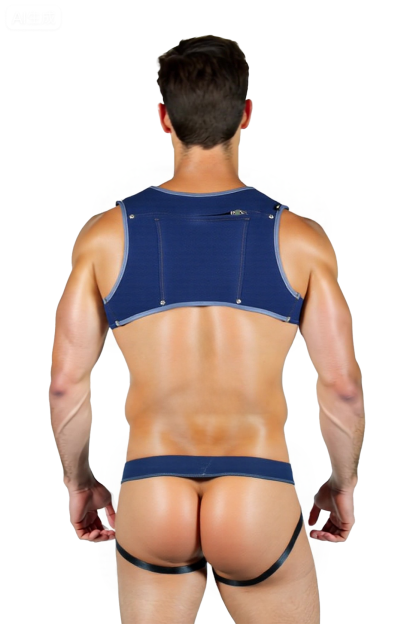 Joylgbt's Men’s Leather Harness Thong Set – Open Back Blue Jockstrap with Shoulder Straps for Gay Fetish Partywear