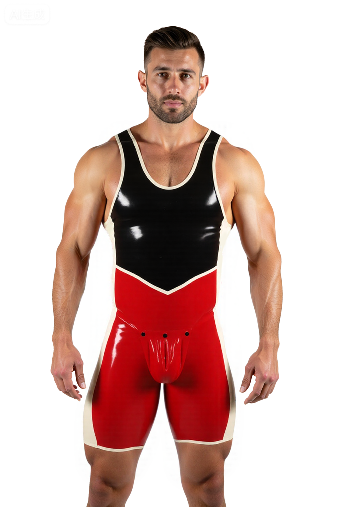 Red & Black LEATHER Wrestler Bodysuit – Open Back Cutout Fetish Singlet for Men