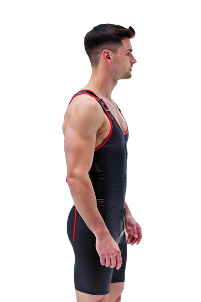 Joylgbt's Black Faux Leather Zipper Bodysuit with Buckle Straps – Sexy Tight Fit for Men