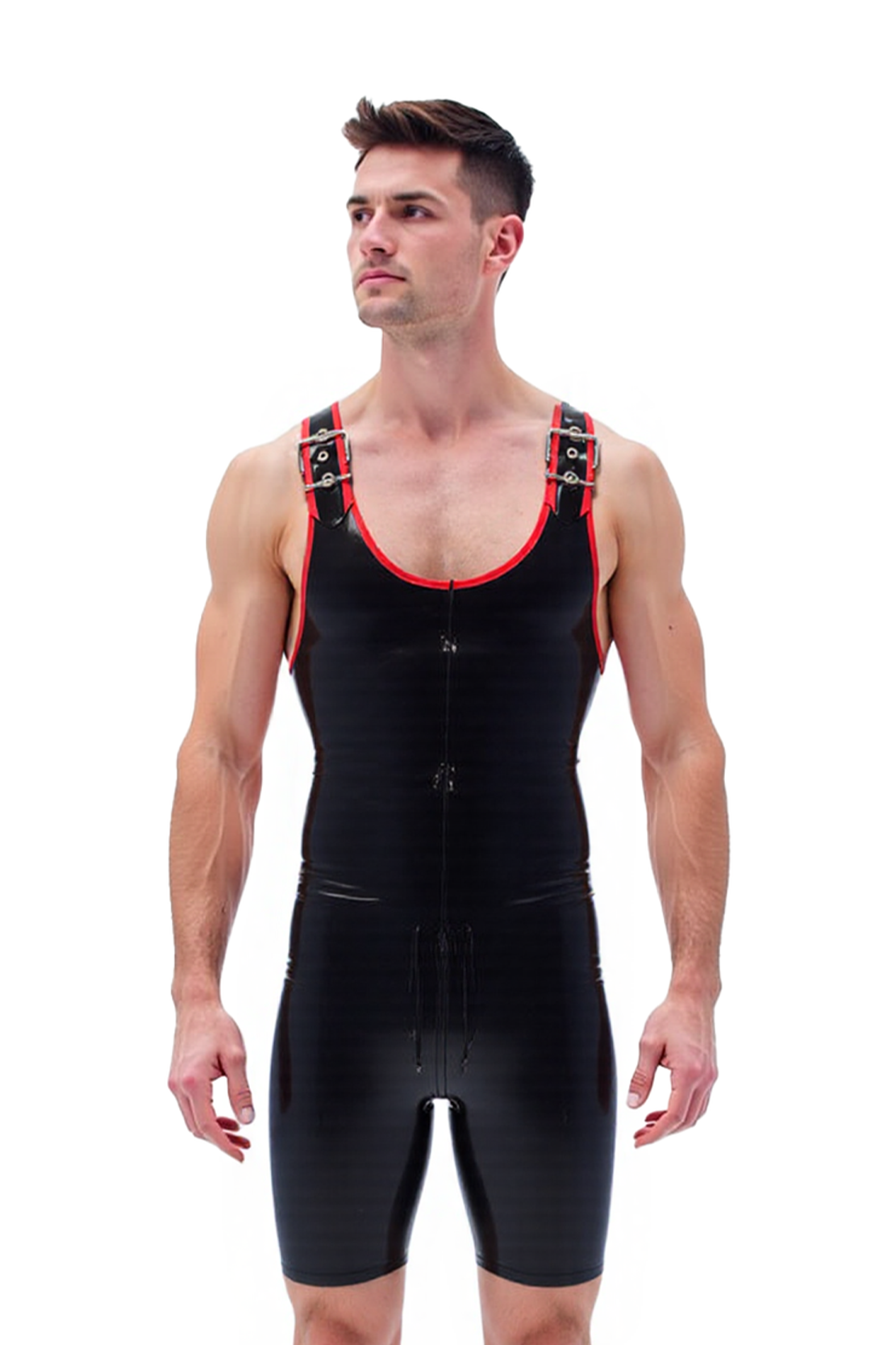 Joylgbt's Black Faux Leather Zipper Bodysuit with Buckle Straps – Sexy Tight Fit for Men