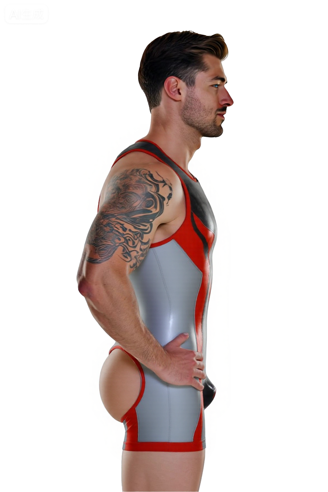 [Copy]Joylgbt's Men’s Open Back PU Leather Singlet – Black & Grey with Red Trim Design
