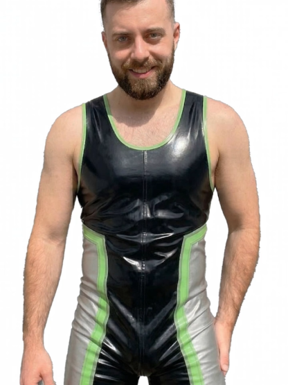 Joylgbt Men's Black & Silver Color-Block PU One-Piece Short Bodysuit