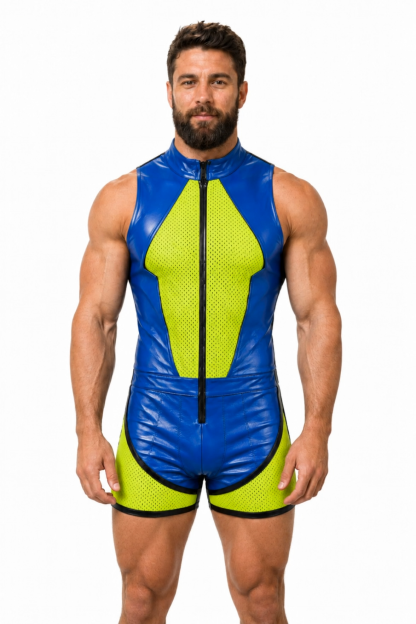Joylgbt Men’s Blue Yellow High-Neck Bodysuit Shorts