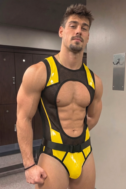 Joylgbt Men’s Yellow Black Mesh Cut-Out Belted Bodysuit