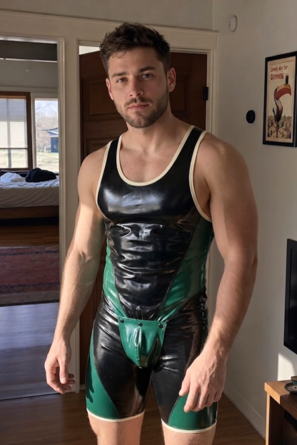 Men’s Black & Green Glossy Color-Block Singlet Bodysuit