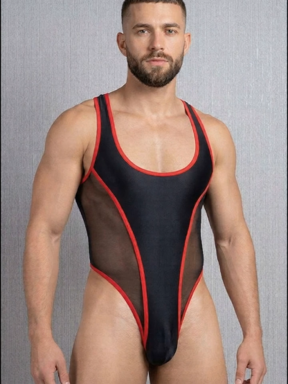 Joylgbt Men's Black & Red Color Block Mesh Panel High-Cut Bodysuit