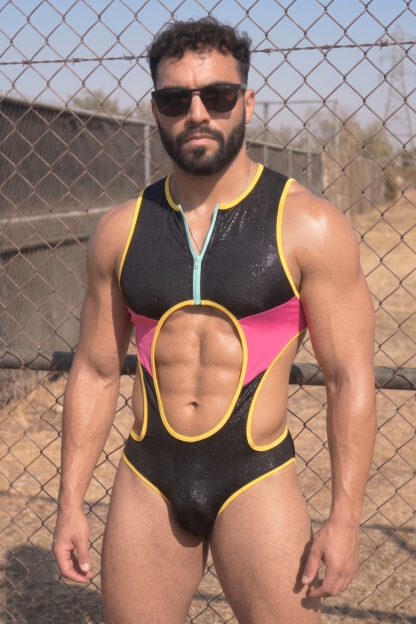 Joylgbt Men’s Color Block Cut-Out Zip Bodysuit