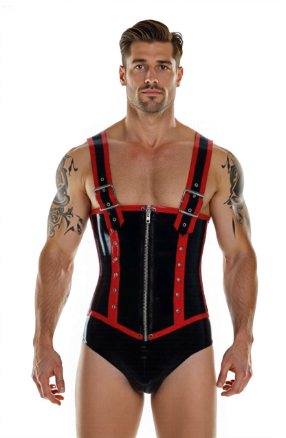 Men's Faux Leather Bondage Corset Bodysuit with Harness Straps and Zipper – Shiny PVC One-Piece Fetish Lingerie for Gay Clubwear & Roleplay