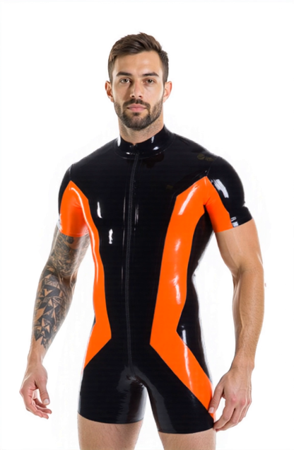 Joylgbt Stylish Color-Block PU Leather Zipper Bodysuit