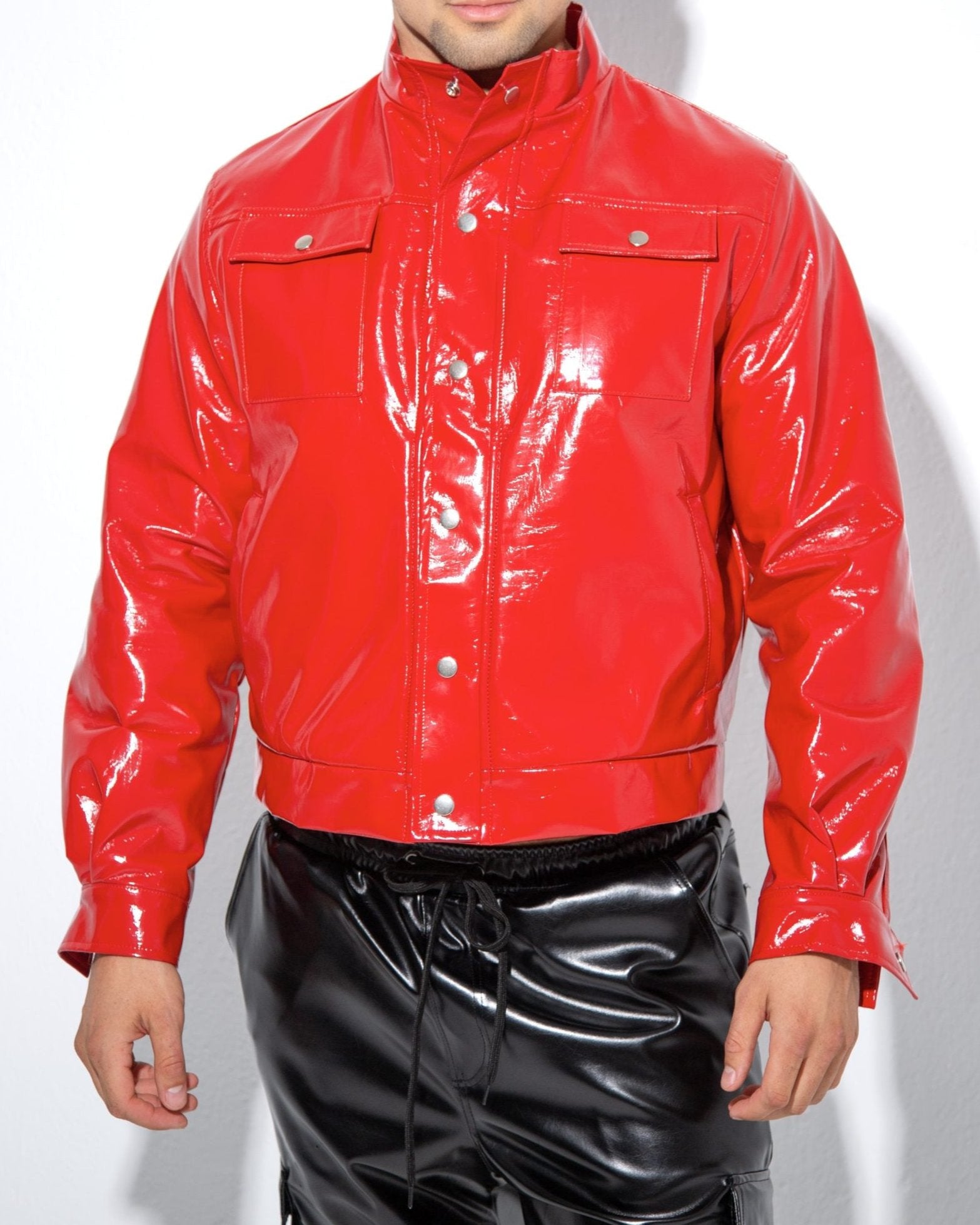 Red Hot Gloss: Men's High-Shine Vinyl Jacket