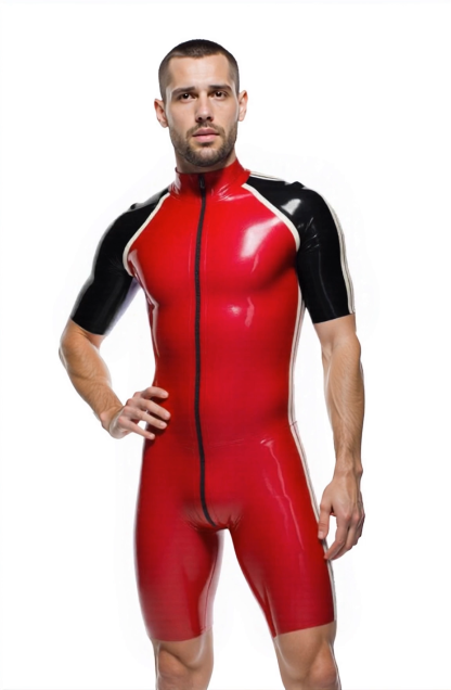 Joylgbt Men's High-Gloss Red & Black Short Sleeve Jumpsuit