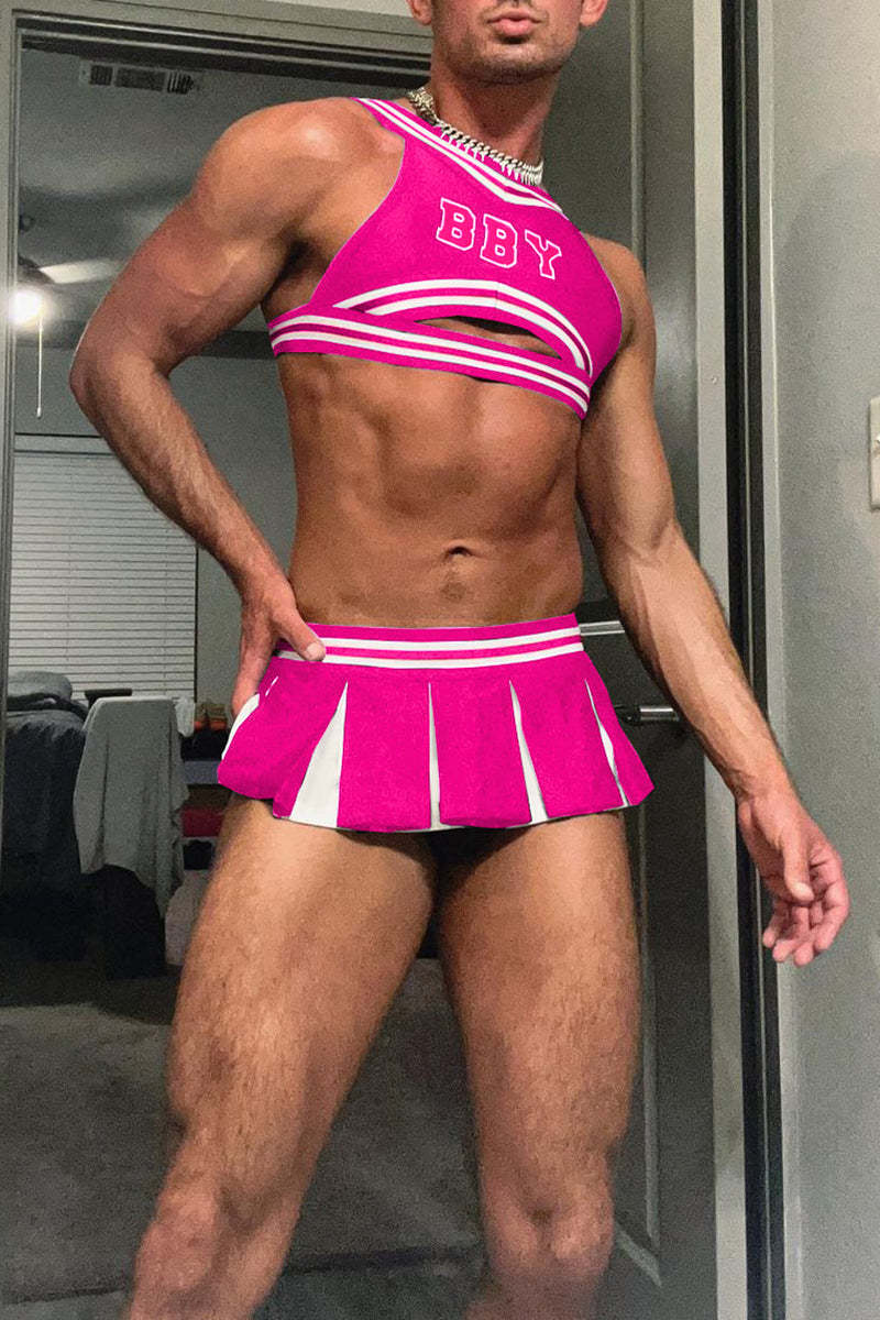 Cheerleader Colorblock Crop Tank Top Mini Pleated Skirt Fuchsia Two Piece Set