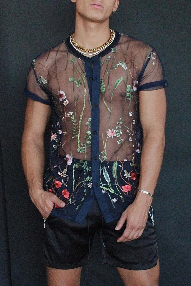 Men's Sheer Floral Embroidery Short Sleeve Shirt