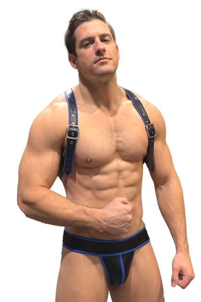 Joylgbt Men’s Blue Black Faux Leather Harness Brief Set