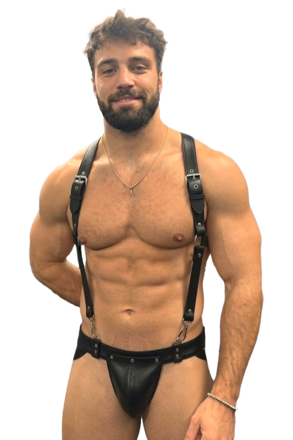 Joylgbt Men’s Black Leather Harness Bodysuit Fashion Strap Set