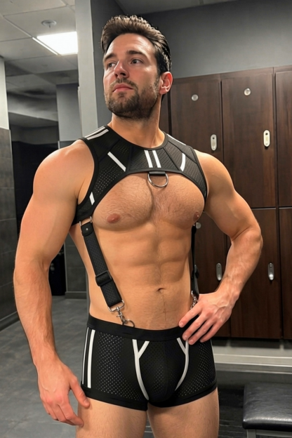 Joylgbt Black Grey Mesh Ring Harness Boxer Set