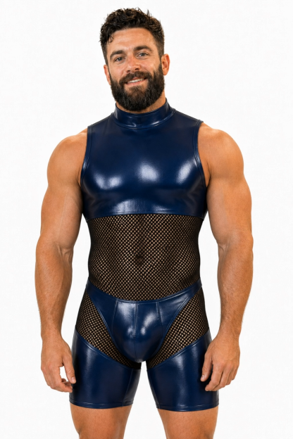Joylgbt Men’s Blue Black High-Neck Mesh Bodysuit Shorts