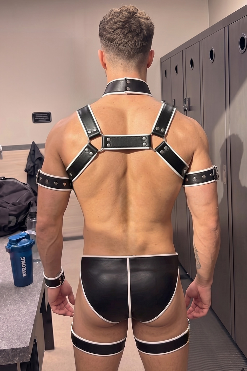 Joylgbt Men’s Black White Faux Leather Harness Accessory Set