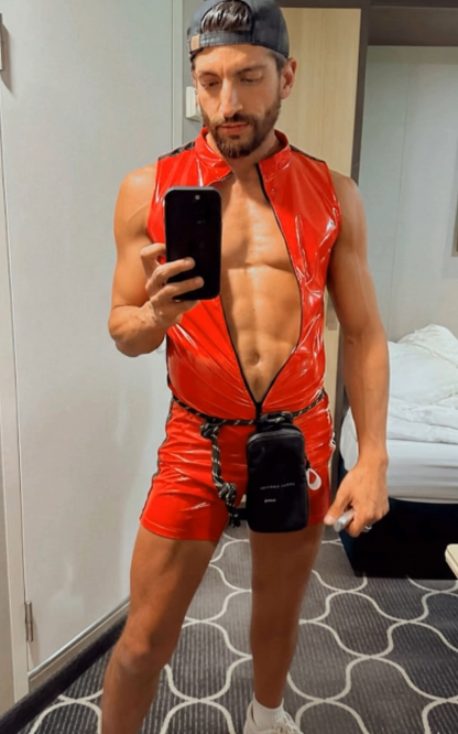 Joylgbt‘s Men's Glossy Red PVC Singlet - Full-Zip Wet-Look Bodysuit with Athletic Racing Stripes