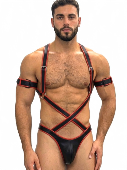 Joylgbt Black Red Cross-Strap Bodysuit Thong