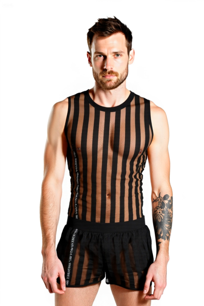 Joylgbt Men's Sheer Mesh Stripe Tank Top and Shorts Set – Sexy See-Through Clubwear Loungewear for Gay Men