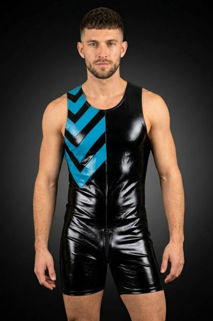 Joylgbt Men's Black & Teal Chevron Glossy Patent Leather Bodysuit
