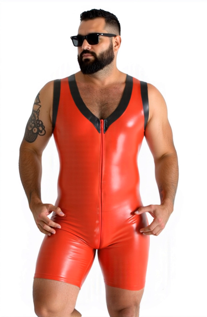 Joylgbt Red Sleeveless Bodysuit – Glossy One-Piece with Deep V-Neck & Front Zip