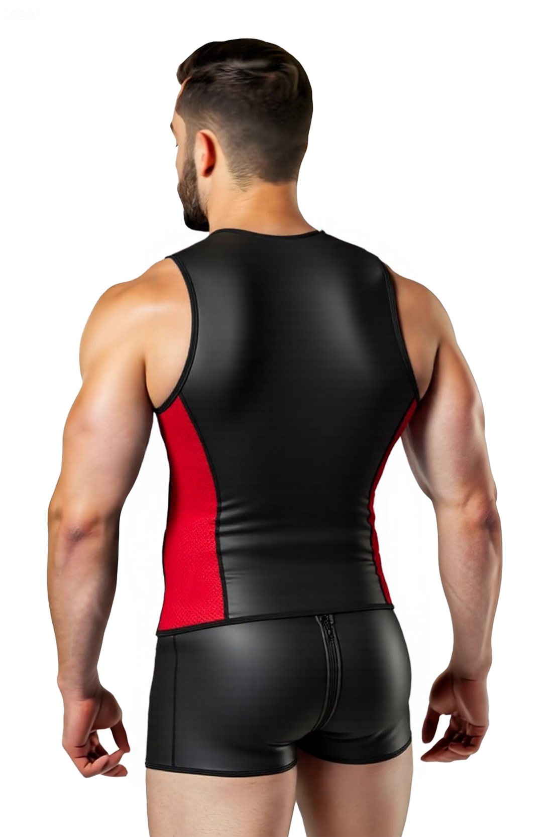 JOYLGBT Men's Red Mesh Panel Faux Leather Bodysuit – Sleeveless Zipper Back Fetish Wear