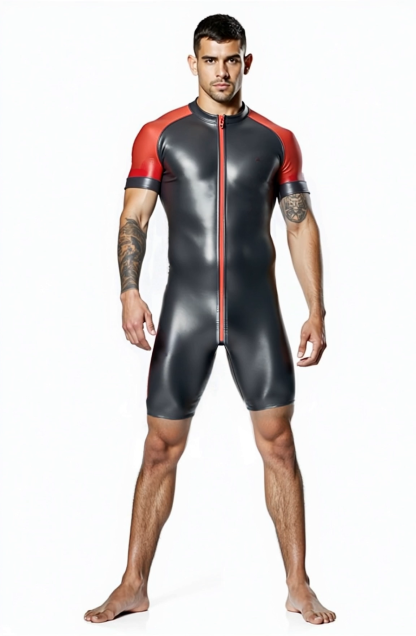 Shiny Black & Red Skin-Tight Romper – Full-Body Zip Jumpsuit