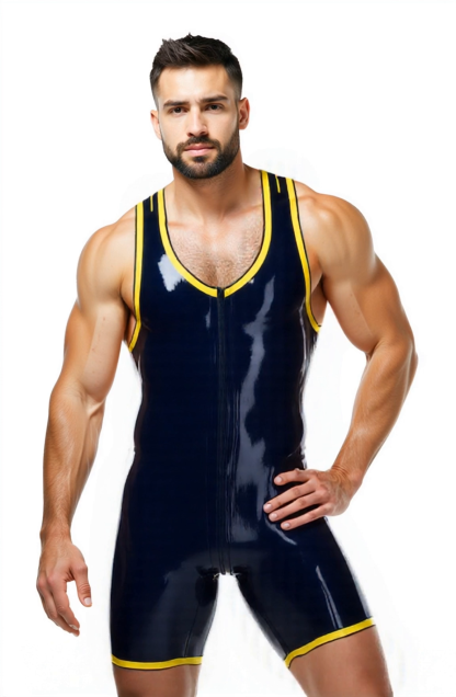 Joylgbt Men's Glossy Spandex Bodysuit – Yellow Trim Muscle Fit Romper