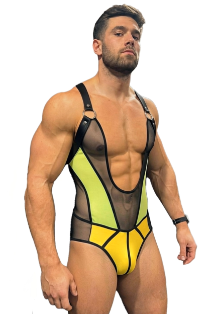 Joylgbt Men’s Neon Yellow Black Sheer Mesh Bodysuit