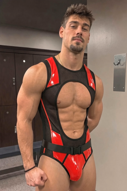 Joylgbt Men’s Yellow Black Mesh Cut-Out Belted Bodysuit