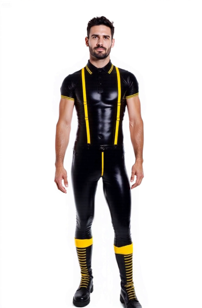 Men’s Glossy Black and Yellow Full Bodysuit with Harness Straps – Fetish Clubwear Jumpsuit