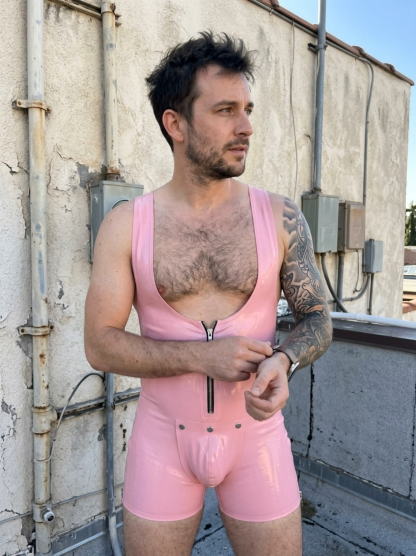 Joylgbt Men’s Glossy Latex-Look Singlet Romper Shorts