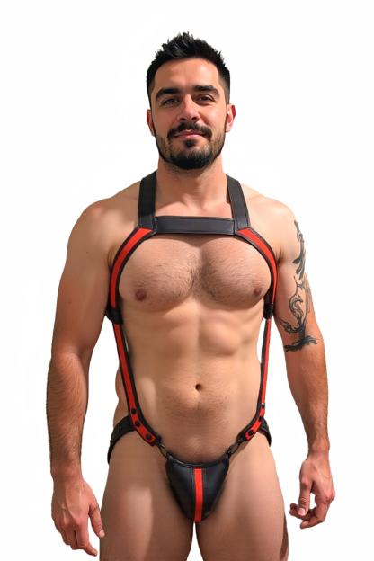Joylgbt Crimson Strike Men's PU Leather Body Harness – Bold Red & Black Dual-Tone Gear Set