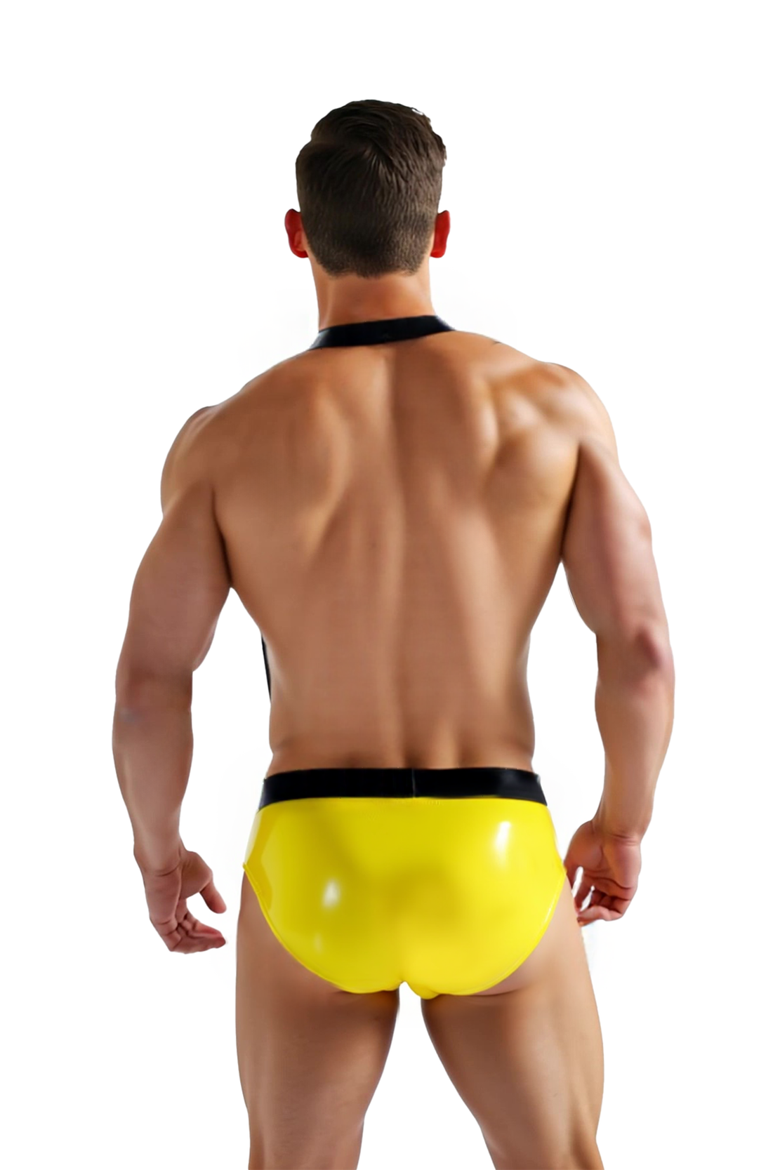  JoylgbtWet Look PU Leather Yellow Y-Back Harness Brief - Men's Alluring Lace-Up Underwear