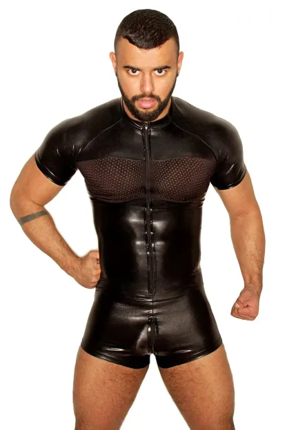 Men’s Faux Leather Bodysuit with Mesh Panels