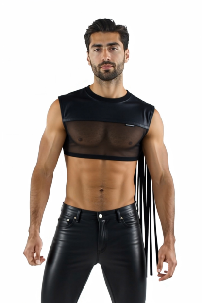 Joylgbt‘s Men's Black PU Leather Mesh Crop Top with Fringe