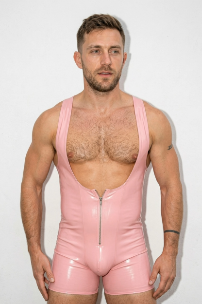 Joylgbt Men's Pink Faux Leather Deep V-Neck Zip-Up Bodysuit
