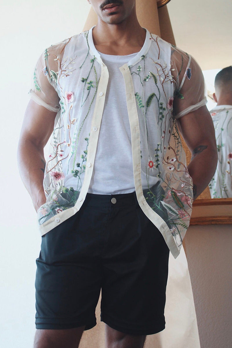 Men's Sheer Floral Embroidery Short Sleeve Shirt