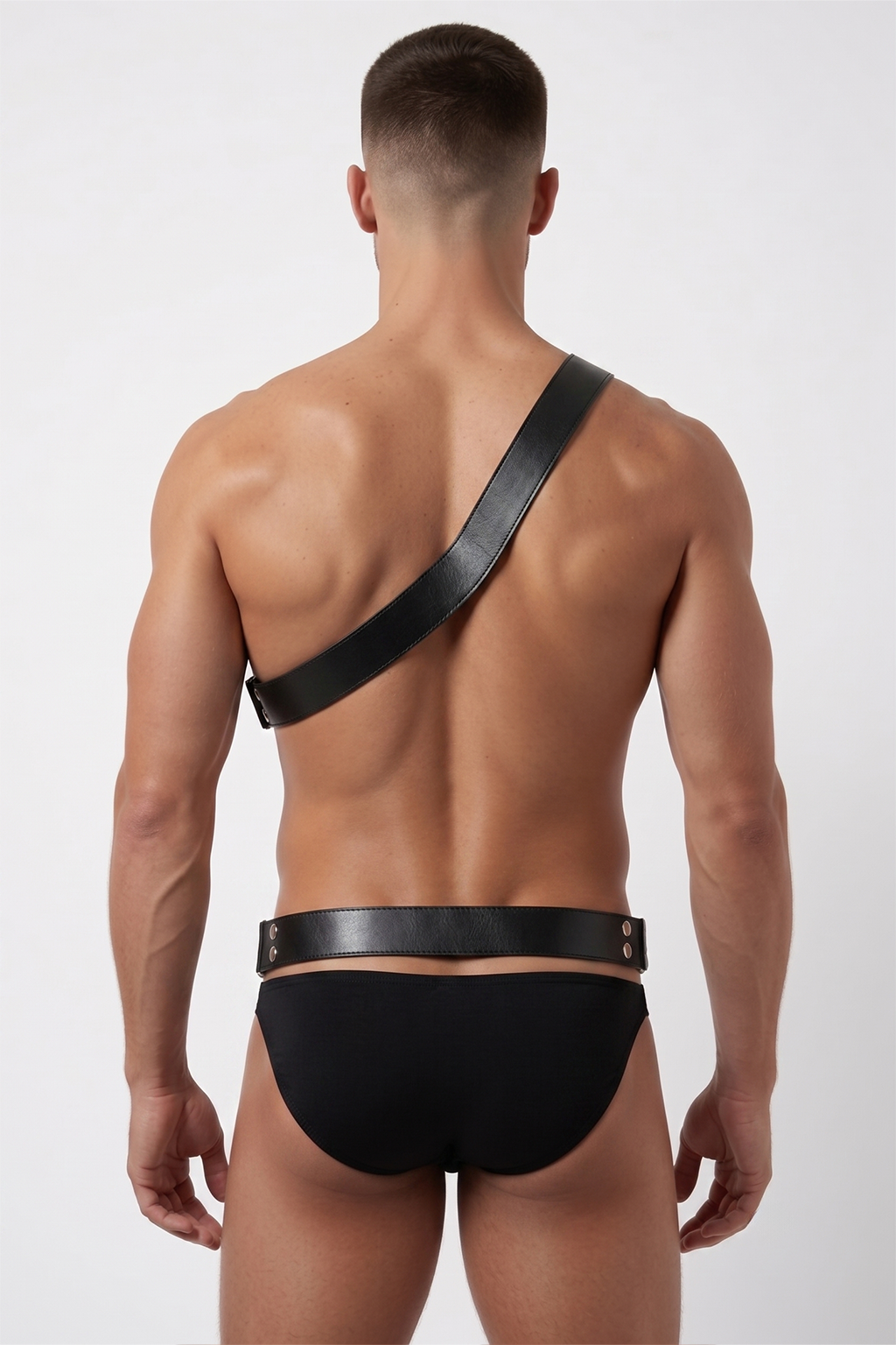 Joylgbt Men’s One-Shoulder Faux Leather Harness Brief Set