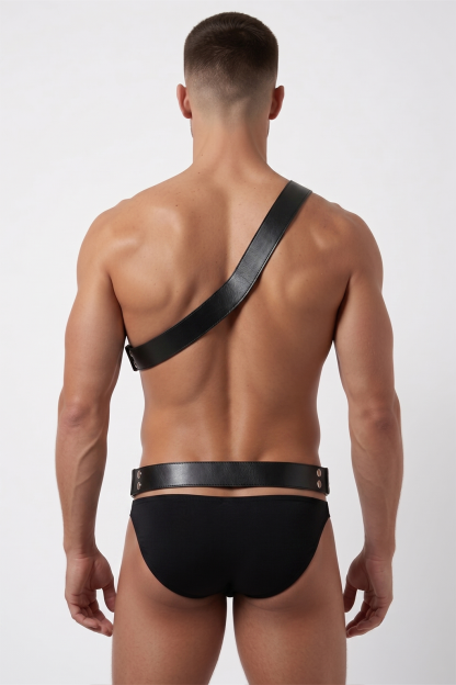 Joylgbt Men’s One-Shoulder Faux Leather Harness Brief Set