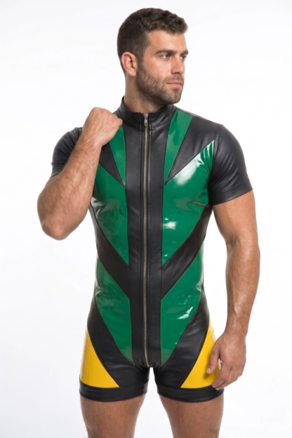 Men’s Green Black Yellow PU Leather Short Sleeve Romper Front Zip Slim Party Stagewear