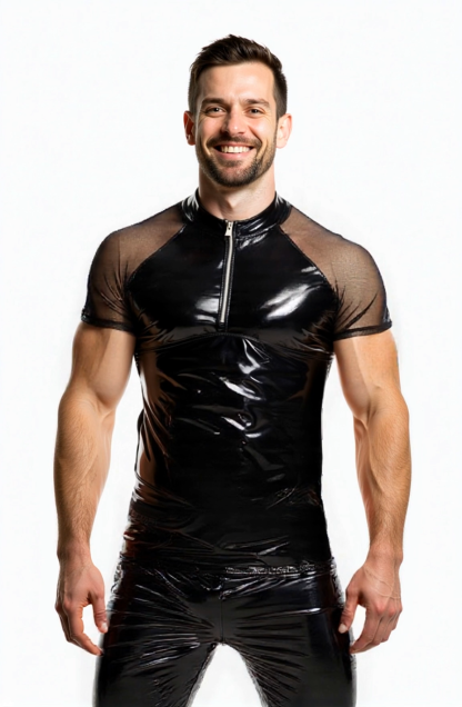 Joylgbt Men's Shiny Mesh Patchwork Zipper T-Shirt 