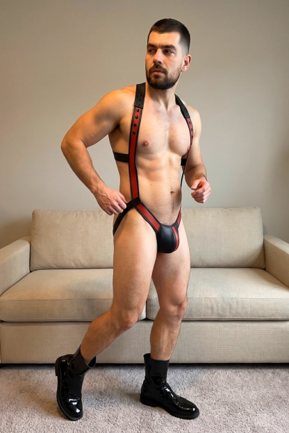 Joylgbt Men's Red & Black Faux Leather Thong Harness Bodysuit – Open Back Fetish Wear for Gay Club & Role Play